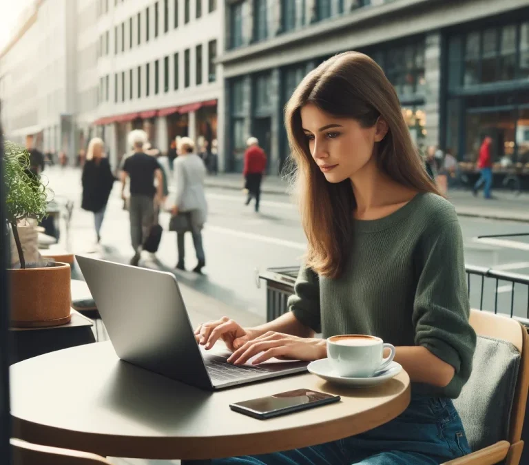 リスニング問題：女性が屋外のカフェでラップトップを使用しています。