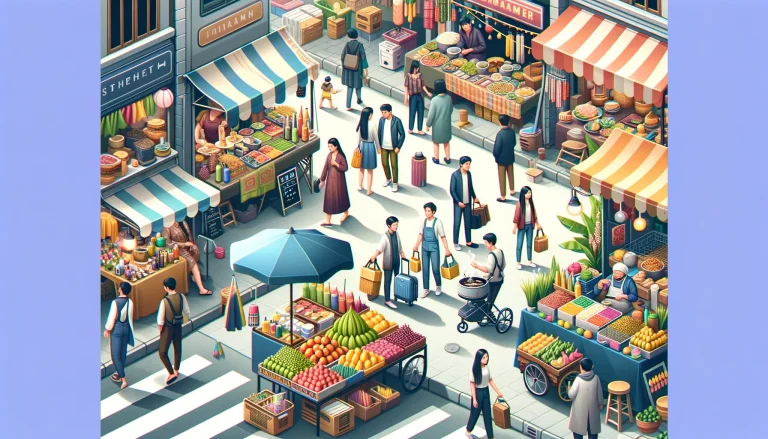 リスニング問題：人々が通りの市場で買い物をしている。
