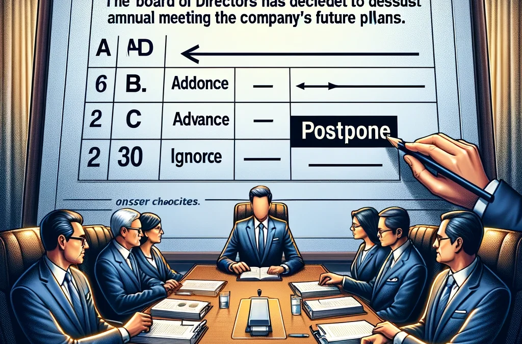 穴埋め問題：取締役会は会社の将来計画を議論するための年次会議を——-ことを決定しました。