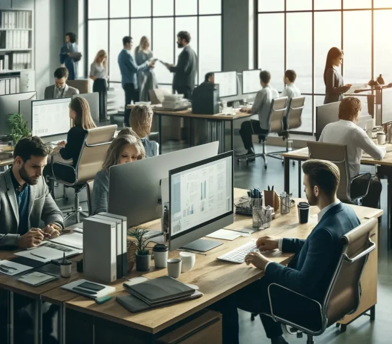 リスニング問題：人々がデスクでコンピュータ作業をしているオフィスの場面