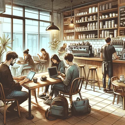 リスニング問題：コーヒーショップの場面で、人々がテーブルに座っている