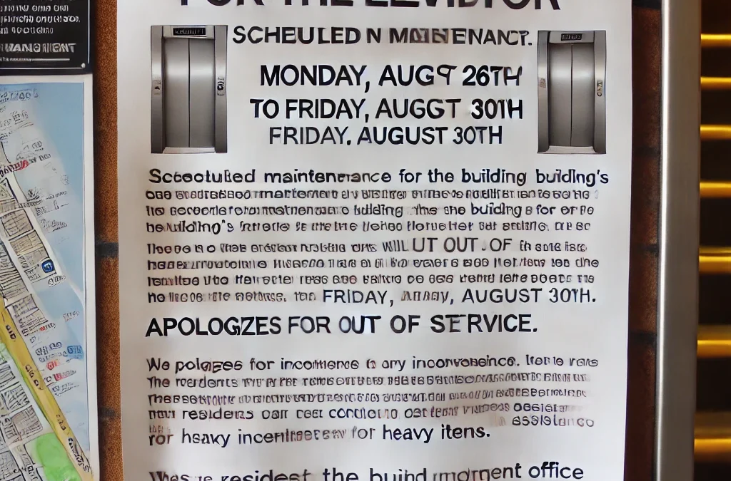TOEIC パート7 練習問題　「建物のエレベーターは、8月26日月曜日から8月30日金曜日まで、定期メンテナンスを行います。この間、エレベーターは使用できません。」