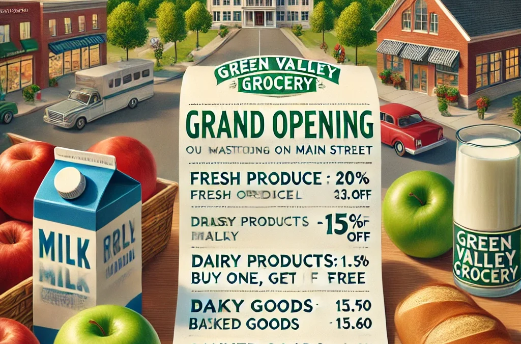 TOEIC パート7 練習問題　「Green Valley Grocery　新しい店舗のメインストリートでのグランドオープンを発表できることを嬉しく思います！」
