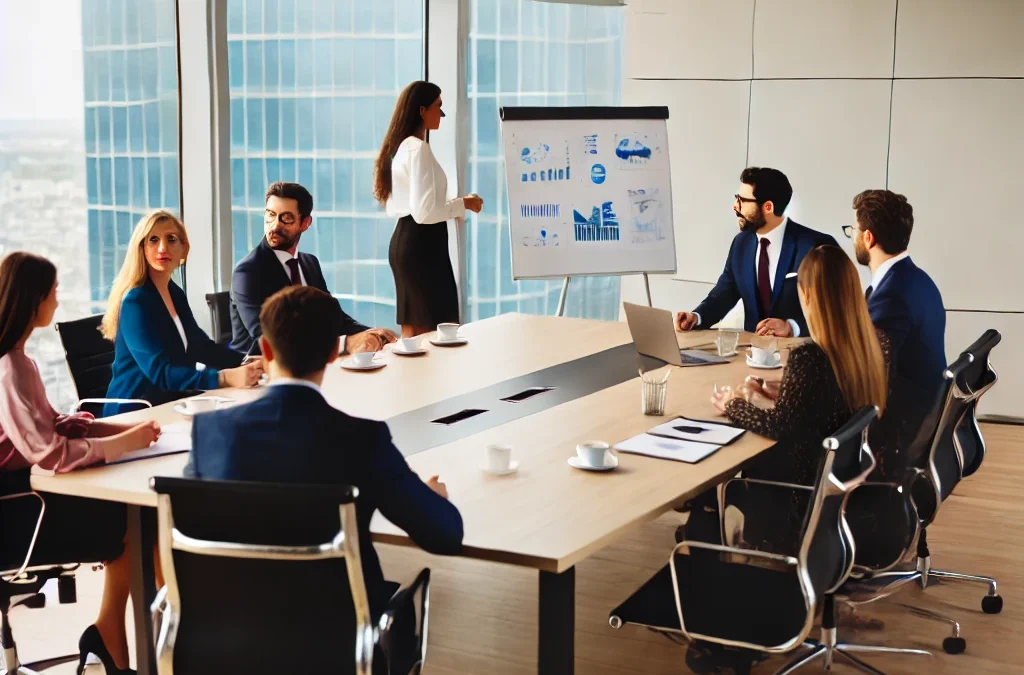 リスニングセクション Part1　一人の人物がホワイトボードでグループに情報を提示している。